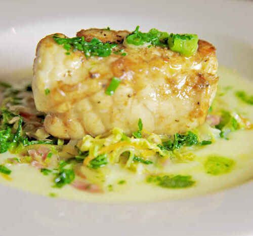 Roast Monkfish with Irish Style Cabbage, Potato Sauce and Scallion Butter