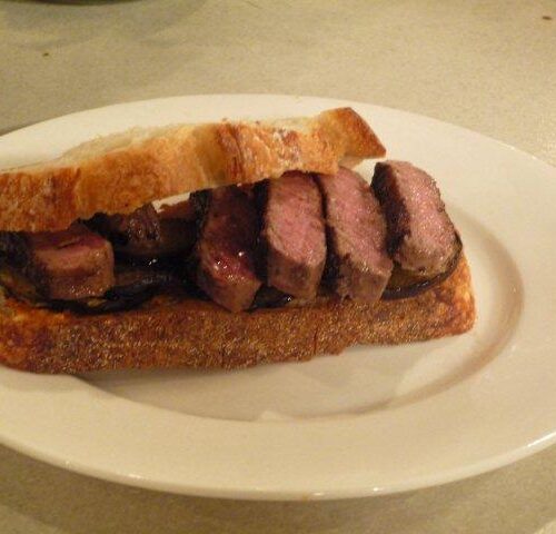 Striploin Steak Sourdough Sandwich with Walnut Chilli dip and Eggplant