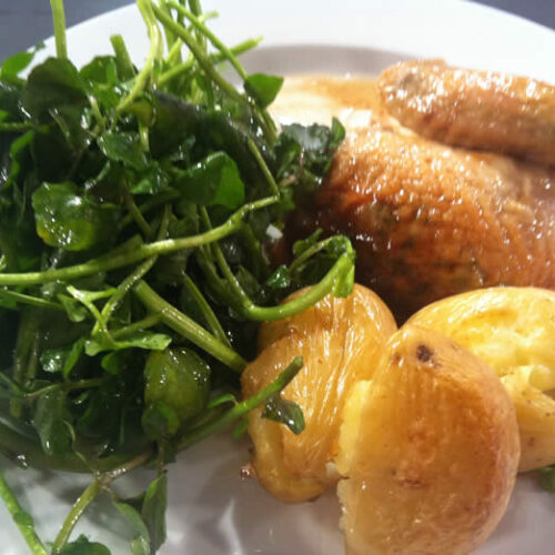 French Bistro Style Chicken with Smashed Potatoes and a Spring Salad