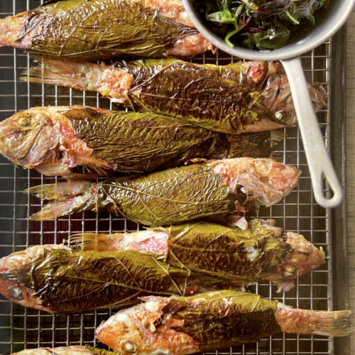 Barbounia Wrapped in Vine Leaves with Marouli Salad