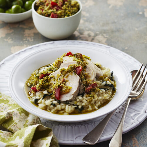 Lemon Poached Chicken with Silverbeet Risotto and Herb Dressing