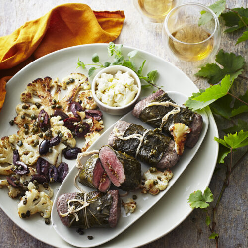 Lamb in Fresh Vine Leaves with Warm Cauliflower Salad