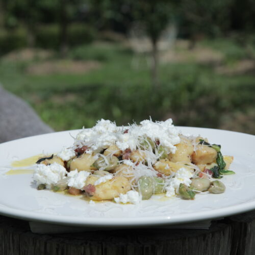 Potato Gnocchi with Smoked Bacon, Broad Beans, Nettles and Ricotta