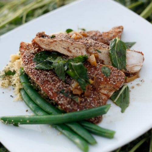 Chia crusted Moroccan Chicken Breast with Chia Couscous