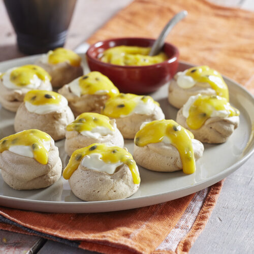 Brown Sugar Meringues with Passion Fruit Curd