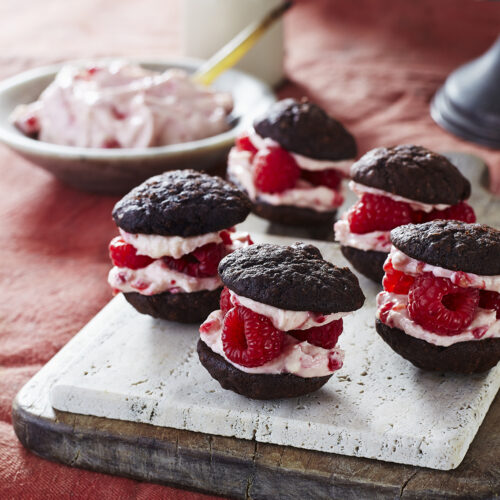 Chocolate Sponge Kisses with Rose and Raspberry filling