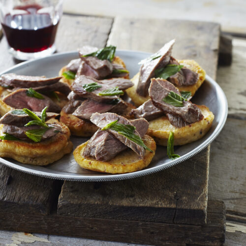 Mustard Pikelets with Minted Lamb