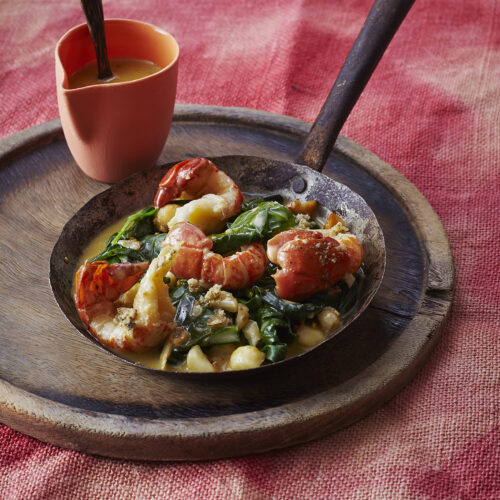 Poached Yabbies with Lemon Myrtle butter and Macadamia Warrigal Greens