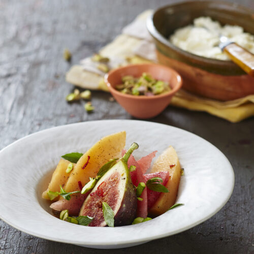 Melon with Spiced Sparkling Drizzle, Quark and Pistachios