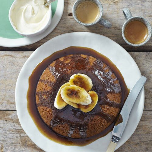 Steamed Banana and Ginger Pudding with Coffee Ginger Glaze and Bruleed Bananas