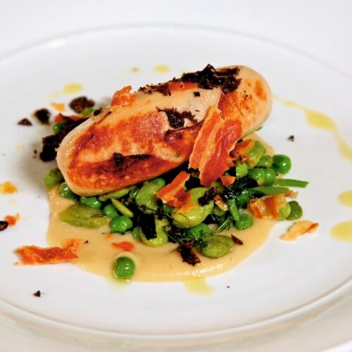 Rabbit Boudin with Broad Beans, Peas and Vichyssoise Sauce