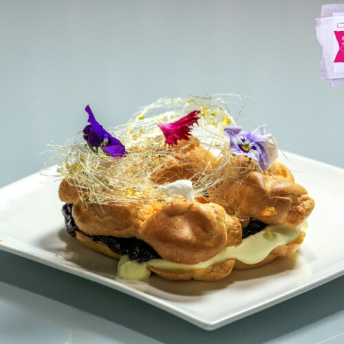 Paris Brest with Triple Berry Jam, Rosewater Cream & Spun Sugar