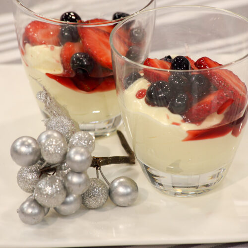 White Chocolate Mascarpone Mousse with Berries in Sparkling Shiraz Syrup