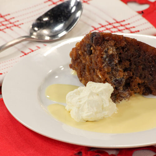 Sago Christmas Pudding with Custard and Brandy Butter