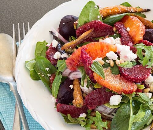 Redbelly Blood Orange Salad with Baby Beets, Feta and Pinenuts