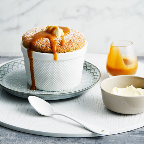 Salted Caramel Soufflés with Salted Caramel Sauce