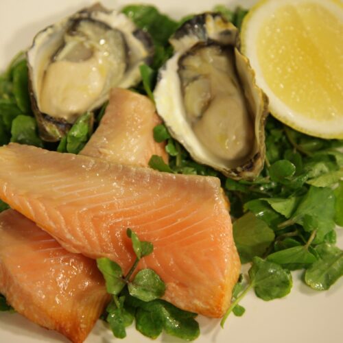 Tea-Smoked Oysters and Salmon with watercress salad