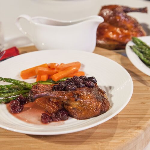 Roast Duck with Cherry Sauce, Spiced Carrots & Asparagus