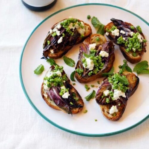 Grilled Radicchio Bruschetta, Marinated Chevre and Fresh Peas