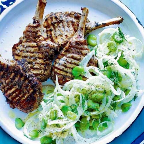 Greek-style Pork Cutlet with Skordalia, Fennel and Broadbean Salad, Grilled Flat Bread