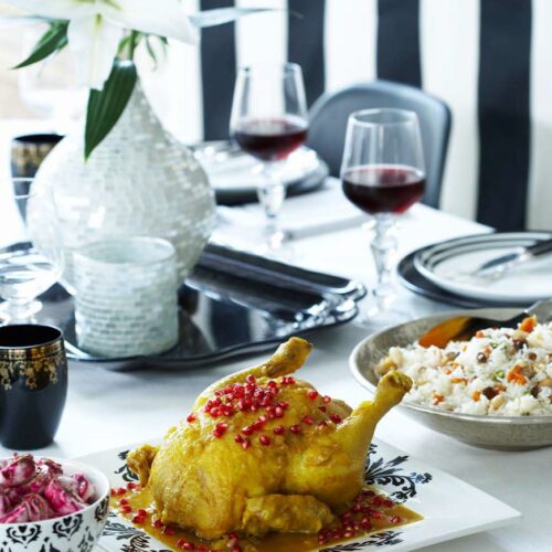 Chicken with Walnut and Pomegranate Stuffing and Jewel Rice