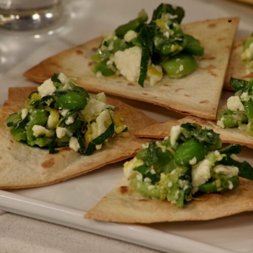 Smashed Broad Beans with Mint & Feta on Tortilla Triangles