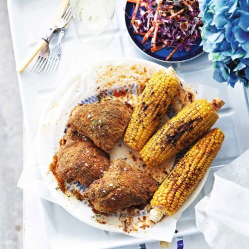 Baked ‘Southern Fried’ Buttermilk Chicken with Rainbow Slaw and Blackened Corn