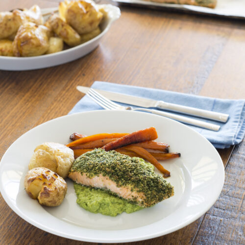 Herb Crusted Salmon, Pea Puree, Smashed Potatoes & Carrots