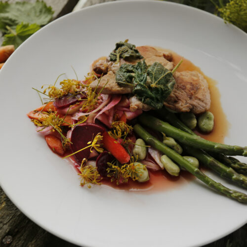 Pork Steaks, Quick Pickle, Asparagus & Broad Bean Salad